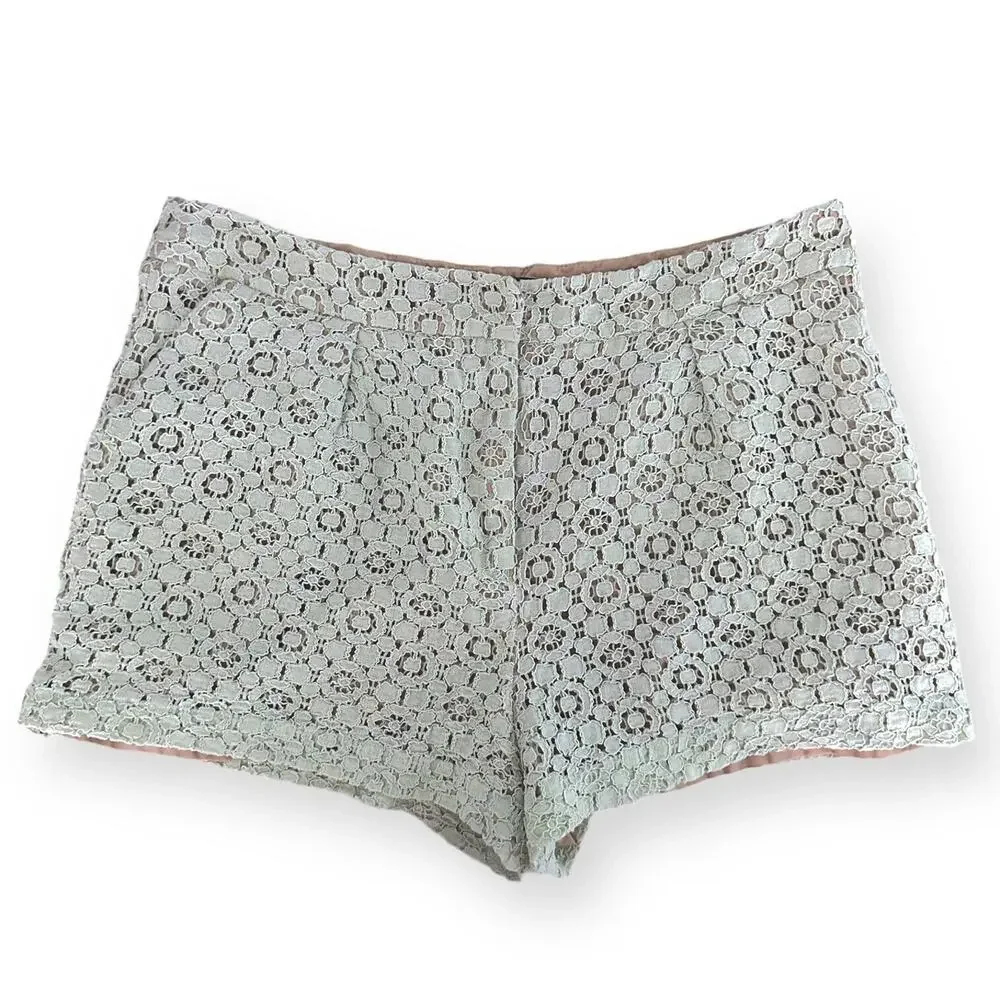 VICTORIA BECKHAM Lace Crochet Shorts Mint Green High Rise Tan Flirty Sexy Size 8